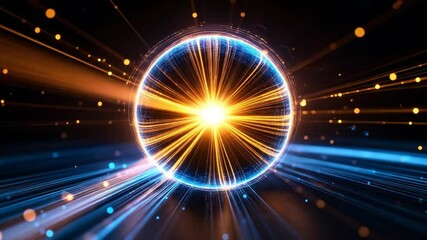 Fototapete - Abstract Digital Sphere of Energy with Glowing Orange Core and Blue Light Trails on Black Background