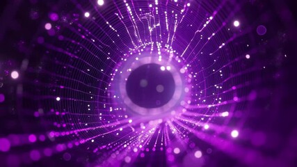 Poster - Exploring the depths of a vibrant purple wireframe wave tunnel filled with glowing lights, Abstract purple wireframe wave tunnel background