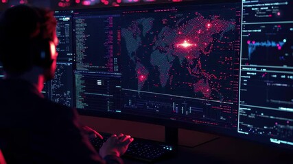Poster - Widespread cyber attack network view with global impact visualization at a control center, Network view of widespread cyber attack CGI
