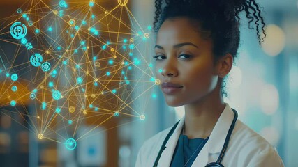  - Network of connections illustrated with medical icons in a modern healthcare setting, network of connections with icons over african american female doctor