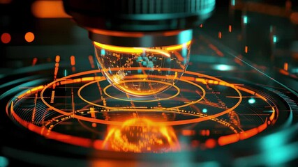 Poster - Scope scanning and data processing on a black background with illuminated patterns and futuristic lens design, scope scanning and data processing over black background