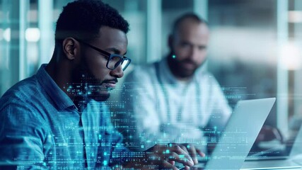Poster - Data processing by diverse professionals in modern office setting with laptops and digital elements, data processing over diverse doctor and man on laptop consulation