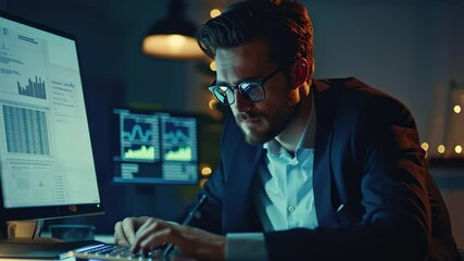 Poster - Businessman analyzing financial statistics in a modern office during evening hours, business man works with financial statistics people and technology