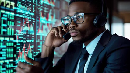 Poster - Financial data processing by African American professional using headset in a corporate environment, financial data processing over african american businessman in office