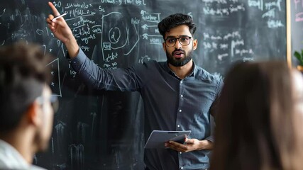 Poster - Serious Indian worker engages colleagues during a discussion about complex problems in a collaborative environment, Serious indian worker answers colleagues questions at blackboard in office meeting