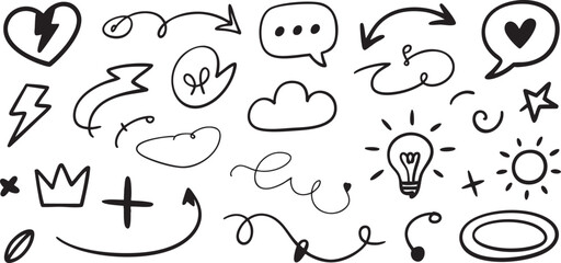 Poster - Hand Drawn Doodle Elements Vector Set: Arrows, Hearts, Speech Bubbles, Light Bulbs, and More for Design Projects, Isolated on Transparent Background, Black and White