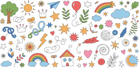 Poster - Vibrant Hand-Drawn Doodle Vector Set: Tree, Sun, Crown, Rainbow, Heart, and More for Design Projects, Isolated on Transparent Background, Playful and Artistic