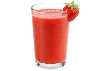 Poster - Strawberry smoothie in clear glass, garnished with ripe strawberry slice, highlighting nutritious beverage and fresh ingredients