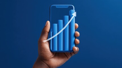 Poster - A hand holding a smartphone with a 3D bar graph and upward curve projection emerging from the screen. The background is solid blue with the graph indicating a steady increase.