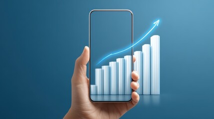 Poster - A hand holding a smartphone with a 3D bar graph and upward curve projection emerging from the screen. The background is solid blue with the graph indicating a steady increase.