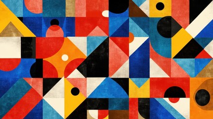 Poster - A colorful geometric pattern showcases triangles, circles, and squares in a playful arrangement ideal for modern decor projects. Generative AI