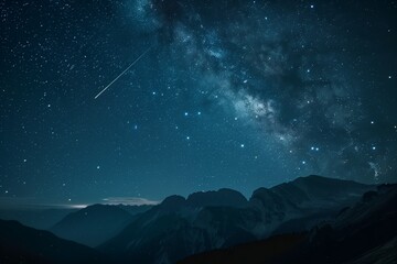 Wall Mural - Bright meteor shower streaking across starry sky above dark mountain range, peaceful and majestic, nature nightscape.