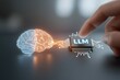 © XIAO - A hand connecting a human brain icon with an 'LLM' processor chip icon, a concept of human intelligence augmented by Large Language Models for business strategy and innovation.