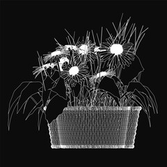 Poster - A black and white contour drawing of a basket overflowing with delicate daisies, set against a dark textured background. The clean line art emphasizes simplicity and elegance
