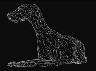 Fototapete - Wireframe dog sitting on a black background, composed of geometric shapes and interconnected lines, forming a detailed and abstract design. The minimalist style highlights the structural complexity.