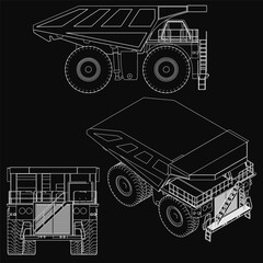 Fototapete - Detailed blueprint of three dump trucks on a black background, featuring different sizes and shapes with the largest centered. Clear details include headlights, grilles, and wheels, highlighting.