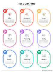 Poster - Infographic design template. Timeline concept with 9 options or steps template. layout, diagram, annual, report, presentation. Vector illustration.