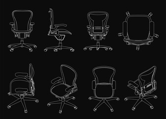 Fototapete - Gaming chairs sketched in detail on a black background, each with a unique design and shape. The stark contrast highlights the chairs' sleek lines and modern aesthetic.