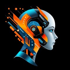 Poster - Profile of a Female Cyborg with Orange and Blue Tech Details on Black Background
