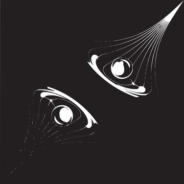 Two spheres surrounded by glowing rings and lines on a dark background abstract illustration