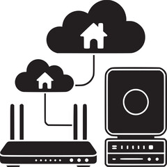 Poster - Illustration of a router connected to two clouds with house icons and a server on a white background