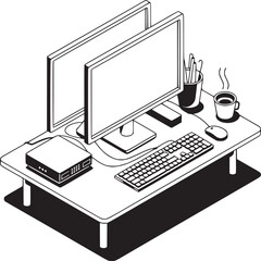 Poster - Isometric illustration of a desk setup with dual monitors keyboard mouse and a cup of steaming coffee