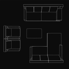 Poster - Black line drawing of a sofa and chair on a dark background, showcasing detailed blueprint-style furniture design with clean outlines and minimalist aesthetic.
