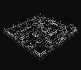Poster - A black and white CAD model of a commercial building featuring multiple rows of windows, clean architectural lines, and a structured facade. The detailed technical drawing highlights