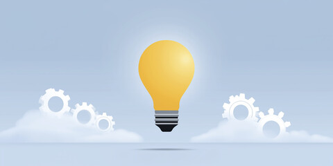 Poster - Bright yellow light bulb floating above clouds with white gears, symbolizing innovation and creativity in a modern digital environment with copy space for text