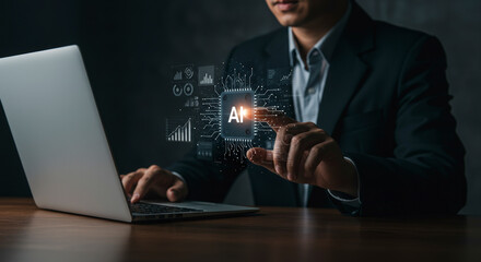 Wall Mural - Man Working on Laptop with Artificial Intelligence Interface in Dark Room Professional Attire with Digital Display and Wooden Desk