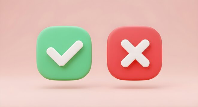 3D Rendered Check Mark and Cross Symbols Green Red Buttons Choice Decision