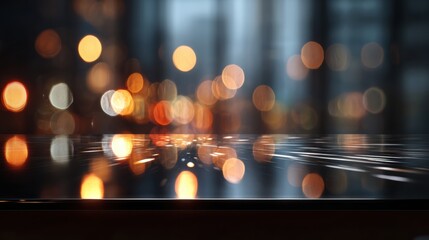 Poster - A blurred urban scene featuring colorful bokeh lights reflecting off water, creating a dreamy ambiance.