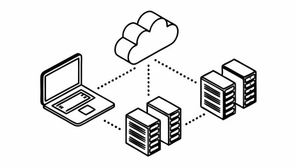 Fototapete - Isometric view of a laptop connected to a cloud and servers with dotted lines showing network created with generated ai