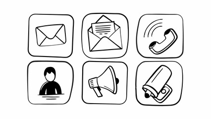 Aufkleber - Doodle style icons of communication methods including email phone and megaphone in black and white style created with generated ai