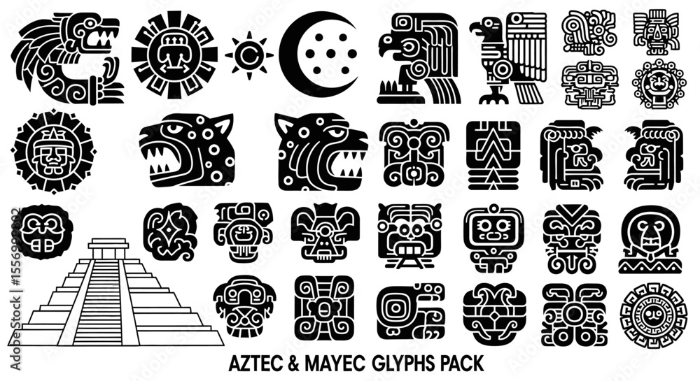 Aztec Mayan Glyphs Symbols with Tribal, and Vector. Stock Vector ...