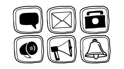 Aufkleber - Illustration of six hand drawn icons including speech bubble, email, briefcase, speaker, megaphone and bell created with generated ai