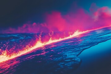 Poster - Vibrant Pink and Blue Ocean Waves Crashing Under a Dramatic Sky