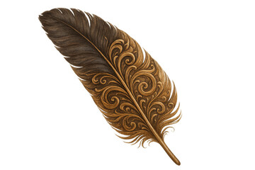 Poster - Gold swirls embellishing partially brown feather, displaying intricate decorative pattern against transparent backdrop