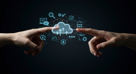 Wall Mural - Hands Touching a Pixelated Cloud Computing Interface with Icons on Dark Background in Modern Design with Futuristic Cyber Network Connection