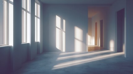 Poster - A minimalistic interior space with sunlight streaming through large windows, creating soft shadows on the floor.