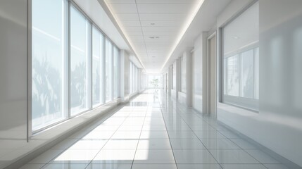 Poster - A modern, well-lit hallway featuring large windows and sleek tile flooring, creating a bright and spacious environment.