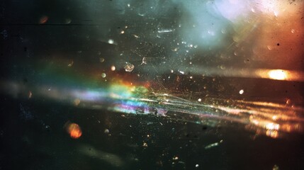 Poster - Vintage grain film look with rainbow light leaks reflecting off crystal surfaces, dust floating in the air, and faded scratch marks.