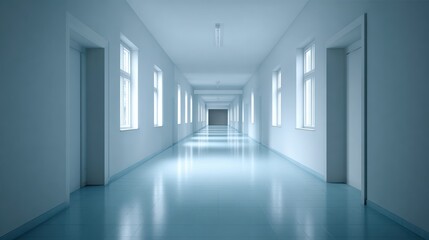 Poster - A serene and spacious blue corridor with natural light streaming through windows, creating a calming atmosphere.