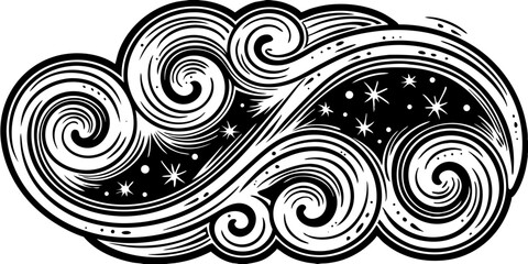 Stylized cloud with swirling patterns stars and dots in a black and white illustration design element