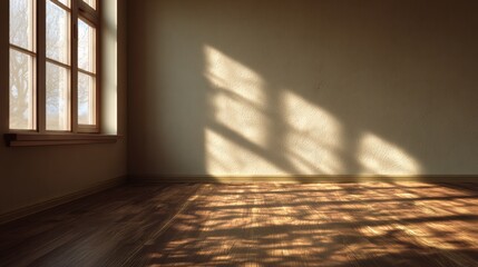Poster - A serene interior space illuminated by soft sunlight casting gentle shadows on the wooden floor.