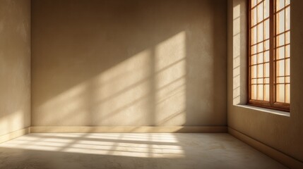 Poster - A serene interior space with soft shadows and warm sunlight filtering through windows, creating a peaceful atmosphere.