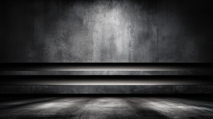 Poster - A simple, modern, and minimalistic interior with grey concrete walls and shelves illuminated by soft light.