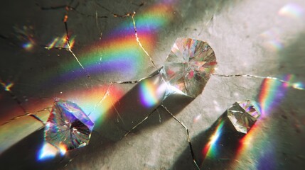 Poster - Soft rainbow prisms burst through cracked glass with vintage grain, dust spots, and film scratches creating a nostalgic dreamy vibe.