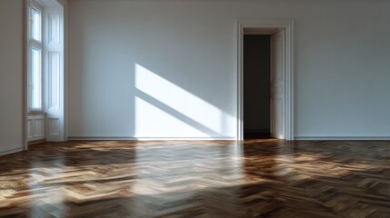 Poster - A spacious, empty room featuring elegant wooden flooring and natural light streaming through large windows.