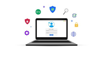 Poster - Login on the laptop screen with secure connection 4k animation, colorful and modern. Safe, security feature, login attempt.